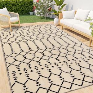 imageSmiry Waterproof Outdoor Rug 5x8 ft Reversible Plastic Straw Patio Camping Rugs Outdoor Indoor RV Mat Carpet for Patio Outside Entry Backyard Deck Bench Picnic Camper Black ampamp WhiteBeige