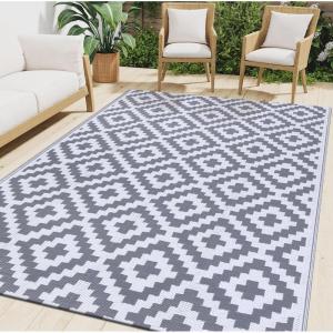 imageSmiry Waterproof Outdoor Rug 5x8 ft Reversible Plastic Straw Patio Camping Rugs Outdoor Indoor RV Mat Carpet for Patio Outside Entry Backyard Deck Bench Picnic Camper Black ampamp WhiteWhite and Grey