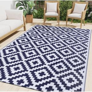 imageSmiry Waterproof Outdoor Rug 5x8 ft Reversible Plastic Straw Patio Camping Rugs Outdoor Indoor RV Mat Carpet for Patio Outside Entry Backyard Deck Bench Picnic Camper Black ampamp WhiteWhite and Navy