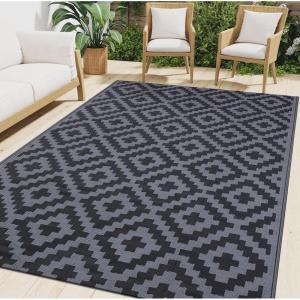 imageSmiry Waterproof Outdoor Rug 5x8 ft Reversible Plastic Straw Patio Camping Rugs Outdoor Indoor RV Mat Carpet for Patio Outside Entry Backyard Deck Bench Picnic Camper Black ampamp WhiteBlack and Grey