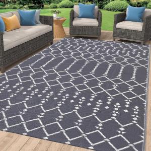 imageSmiry Waterproof Outdoor Rug 5x8 ft Reversible Plastic Straw Patio Camping Rugs Outdoor Indoor RV Mat Carpet for Patio Outside Entry Backyard Deck Bench Picnic Camper Black ampamp WhiteGrey