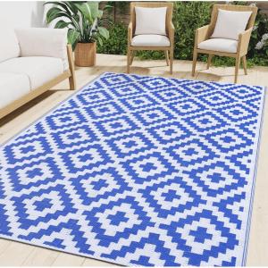 imageSmiry Waterproof Outdoor Rug 5x8 ft Reversible Plastic Straw Patio Camping Rugs Outdoor Indoor RV Mat Carpet for Patio Outside Entry Backyard Deck Bench Picnic Camper Black ampamp WhiteWhite and Blue