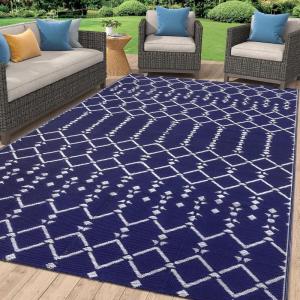 imageSmiry Waterproof Outdoor Rug 5x8 ft Reversible Plastic Straw Patio Camping Rugs Outdoor Indoor RV Mat Carpet for Patio Outside Entry Backyard Deck Bench Picnic Camper Black ampamp WhiteNavy