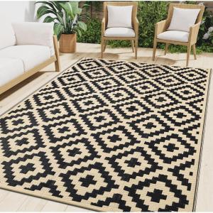 imageSmiry Waterproof Outdoor Rug 5x8 ft Reversible Plastic Straw Patio Camping Rugs Outdoor Indoor RV Mat Carpet for Patio Outside Entry Backyard Deck Bench Picnic Camper Black ampamp WhiteBlack and Beige