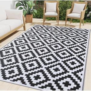 imageSmiry Waterproof Outdoor Rug 5x8 ft Reversible Plastic Straw Patio Camping Rugs Outdoor Indoor RV Mat Carpet for Patio Outside Entry Backyard Deck Bench Picnic Camper Black ampamp WhiteBlack and White