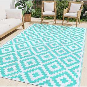 imageSmiry Waterproof Outdoor Rug 5x8 ft Reversible Plastic Straw Patio Camping Rugs Outdoor Indoor RV Mat Carpet for Patio Outside Entry Backyard Deck Bench Picnic Camper Black ampamp WhiteWhite and Teal