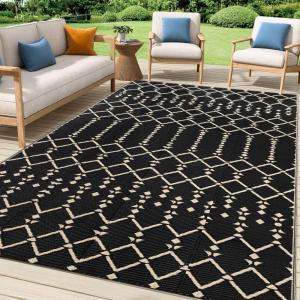 imageSmiry Waterproof Outdoor Rug 5x8 ft Reversible Plastic Straw Patio Camping Rugs Outdoor Indoor RV Mat Carpet for Patio Outside Entry Backyard Deck Bench Picnic Camper Black ampamp WhiteChampagne