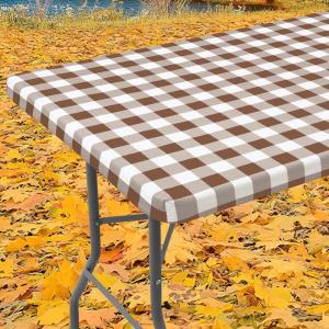 imageSmiry Rectangle Picnic Table Cloth Elastic Waterproof Fitted Vinyl Tablecloths Flannel Backed Buffalo Plaid Table Covers for Dining Camping Outdoor Black and White 30quot x 72quotBrown and White