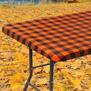 imageSmiry Rectangle Picnic Table Cloth Elastic Waterproof Fitted Vinyl Tablecloths Flannel Backed Buffalo Plaid Table Covers for Dining Camping Outdoor Black and White 30quot x 72quotOrange and Black