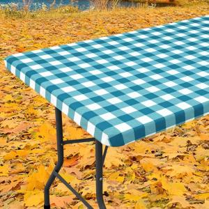 imageSmiry Rectangle Picnic Table Cloth Elastic Waterproof Fitted Vinyl Tablecloths Flannel Backed Buffalo Plaid Table Covers for Dining Camping Outdoor Black and White 30quot x 72quotTurquoise and White