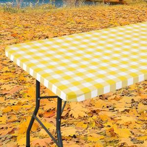 imageSmiry Rectangle Picnic Table Cloth Elastic Waterproof Fitted Vinyl Tablecloths Flannel Backed Buffalo Plaid Table Covers for Dining Camping Outdoor Black and White 30quot x 72quotYellow and White