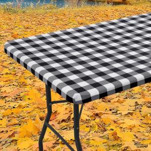 imageSmiry Rectangle Picnic Table Cloth Elastic Waterproof Fitted Vinyl Tablecloths Flannel Backed Buffalo Plaid Table Covers for Dining Camping Outdoor Black and White 30quot x 72quotBlack and White