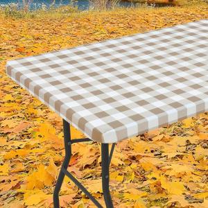 imageSmiry Rectangle Picnic Table Cloth Elastic Waterproof Fitted Vinyl Tablecloths Flannel Backed Buffalo Plaid Table Covers for Dining Camping Outdoor Black and White 30quot x 72quotKhaki and White