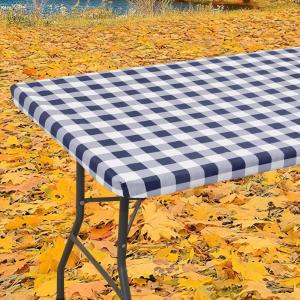 imageSmiry Rectangle Picnic Table Cloth Elastic Waterproof Fitted Vinyl Tablecloths Flannel Backed Buffalo Plaid Table Covers for Dining Camping Outdoor Black and White 30quot x 72quotNavy and White