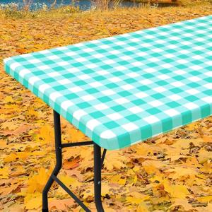 imageSmiry Rectangle Picnic Table Cloth Elastic Waterproof Fitted Vinyl Tablecloths Flannel Backed Buffalo Plaid Table Covers for Dining Camping Outdoor Black and White 30quot x 72quotTeal and White