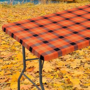 imageSmiry Rectangle Picnic Table Cloth Elastic Waterproof Fitted Vinyl Tablecloths Flannel Backed Buffalo Plaid Table Covers for Dining Camping Outdoor Black and White 30quot x 72quotOrange and Yellow
