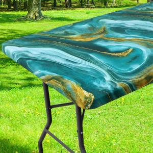 imageSmiry Rectangle Picnic Table Cloth Waterproof Elastic Fitted Outdoor Tablecloths for 6 Foot Tables Wipeable Flannel Backed Vinyl Table Cover for Camping Dining and Indoor 30quotx72quot GreyTeal  Gold