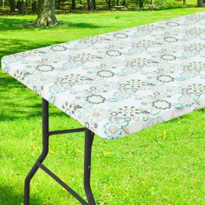 imageSmiry Rectangle Picnic Table Cloth Waterproof Elastic Fitted Outdoor Tablecloths for 6 Foot Tables Wipeable Flannel Backed Vinyl Table Cover for Camping Dining and Indoor 30quotx72quot GreyTeal  White