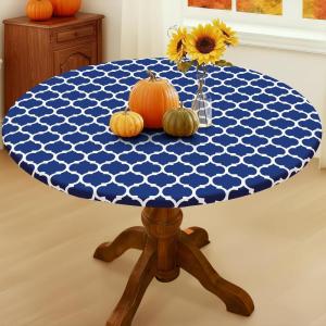 imageSmiry Round Picnic Tablecloth Waterproof Elastic Fitted Table Covers for 36quot  44quot Tables Wipeable Flannel Backed Vinyl Tablecloths for Camping Indoor Outdoor Grey ampamp WhiteNavy  White