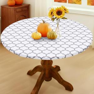 imageSmiry Round Picnic Tablecloth Waterproof Elastic Fitted Table Covers for 36quot  44quot Tables Wipeable Flannel Backed Vinyl Tablecloths for Camping Indoor Outdoor Grey ampamp WhiteWhite  Dark Grey