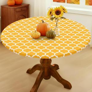 imageSmiry Round Picnic Tablecloth Waterproof Elastic Fitted Table Covers for 36quot  44quot Tables Wipeable Flannel Backed Vinyl Tablecloths for Camping Indoor Outdoor Grey ampamp WhiteMustard Yellow  White