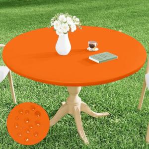 imageSmiry Round Picnic Tablecloth Waterproof Elastic Fitted Table Covers for 36quot  44quot Tables Wipeable Flannel Backed Vinyl Tablecloths for Camping Indoor Outdoor Grey ampamp WhiteOrange
