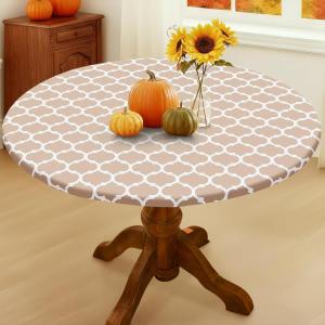 imageSmiry Round Picnic Tablecloth Waterproof Elastic Fitted Table Covers for 36quot  44quot Tables Wipeable Flannel Backed Vinyl Tablecloths for Camping Indoor Outdoor Grey ampamp WhiteKhaki  White