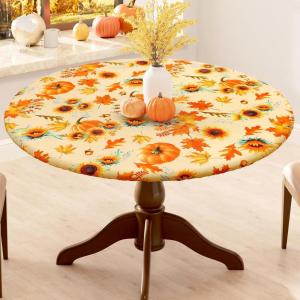 imageSmiry Round Picnic Tablecloth Waterproof Elastic Fitted Table Covers for 36quot  44quot Tables Wipeable Flannel Backed Vinyl Tablecloths for Camping Indoor Outdoor Grey ampamp WhiteGold