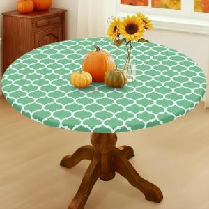 imageSmiry Round Picnic Tablecloth Waterproof Elastic Fitted Table Covers for 36quot  44quot Tables Wipeable Flannel Backed Vinyl Tablecloths for Camping Indoor Outdoor Grey ampamp WhiteSage Green  White