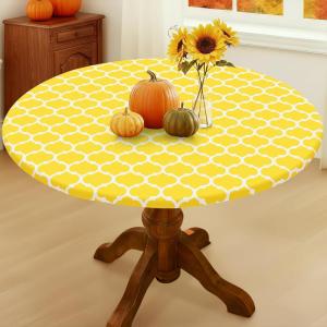 imageSmiry Round Picnic Tablecloth Waterproof Elastic Fitted Table Covers for 36quot  44quot Tables Wipeable Flannel Backed Vinyl Tablecloths for Camping Indoor Outdoor Grey ampamp WhiteYellow  White