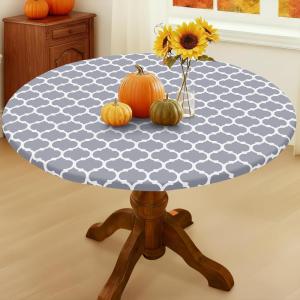 imageSmiry Round Picnic Tablecloth Waterproof Elastic Fitted Table Covers for 36quot  44quot Tables Wipeable Flannel Backed Vinyl Tablecloths for Camping Indoor Outdoor Grey ampamp WhiteGrey  White