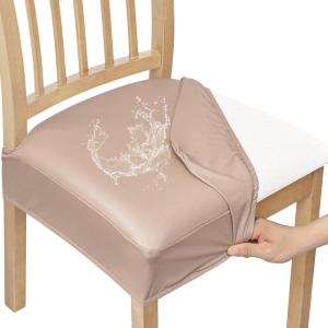 imageSmiry Waterproof Seat Covers for Chairs Set of 4 Stretch Pu Leather Removable Washable Dining Room Chair Seat Slipcovers Protector No Rear Covers BeigeKhaki