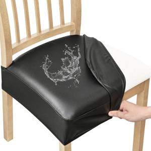imageSmiry Waterproof Seat Covers for Chairs Set of 4 Stretch Pu Leather Removable Washable Dining Room Chair Seat Slipcovers Protector No Rear Covers BeigeBlack