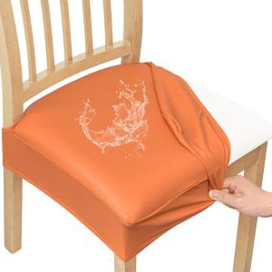imageSmiry Waterproof Seat Covers for Chairs Set of 4 Stretch Pu Leather Removable Washable Dining Room Chair Seat Slipcovers Protector No Rear Covers BeigeOrange
