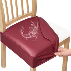 imageSmiry Waterproof Seat Covers for Chairs Set of 4 Stretch Pu Leather Removable Washable Dining Room Chair Seat Slipcovers Protector No Rear Covers BeigeWine Red