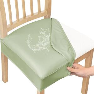imageSmiry Waterproof Seat Covers for Chairs Set of 4 Stretch Pu Leather Removable Washable Dining Room Chair Seat Slipcovers Protector No Rear Covers BeigeLight Green