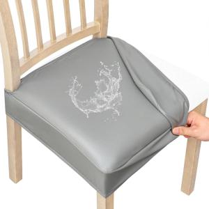 imageSmiry Waterproof Seat Covers for Chairs Set of 4 Stretch Pu Leather Removable Washable Dining Room Chair Seat Slipcovers Protector No Rear Covers BeigeGrey