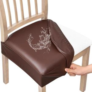 imageSmiry Waterproof Seat Covers for Chairs Set of 4 Stretch Pu Leather Removable Washable Dining Room Chair Seat Slipcovers Protector No Rear Covers BeigeCoffee