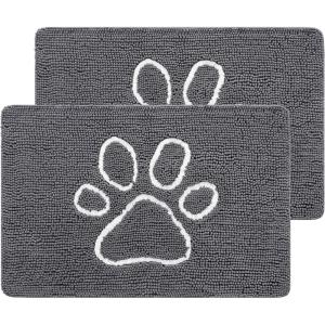 imageSmiry 2 Piece Dog Door Mat for Muddy Paws Absorbent Dirt Trapper Non Slip Quick Dry Washable Chenille Mat for Mud Dogs Entry Rug for Indoor and Outdoor 30x20 Inches BeigeDark Grey