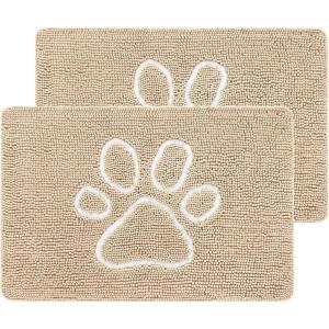 imageSmiry 2 Piece Dog Door Mat for Muddy Paws Absorbent Dirt Trapper Non Slip Quick Dry Washable Chenille Mat for Mud Dogs Entry Rug for Indoor and Outdoor 30x20 Inches BeigeBeige