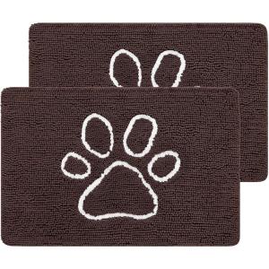 imageSmiry 2 Piece Dog Door Mat for Muddy Paws Absorbent Dirt Trapper Non Slip Quick Dry Washable Chenille Mat for Mud Dogs Entry Rug for Indoor and Outdoor 30x20 Inches BeigeBrown