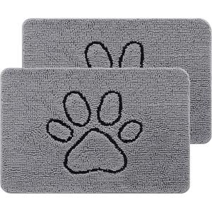 imageSmiry 2 Piece Dog Door Mat for Muddy Paws Absorbent Dirt Trapper Non Slip Quick Dry Washable Chenille Mat for Mud Dogs Entry Rug for Indoor and Outdoor 30x20 Inches BeigeGrey