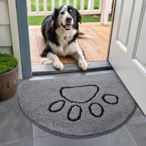 imageSmiry Half Circle Dog Door Mat for Muddy Paws Absorbent Dirt Trapper Non Slip Quick Dry Washable Chenille Mat for Mud Dogs Entry Rug for Indoor and Outdoor 30x20 Inches Grey