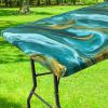 imageSmiry Rectangle Picnic Tablecloth Waterproof Elastic Fitted Table Covers for 6 Foot Tables Wipeable Flannel Backed Vinyl Tablecloths for Camping Indoor Outdoor Blue Leaves 30x72 InchesTeal  Gold