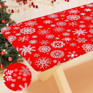 imageSmiry Rectangle Picnic Tablecloth Waterproof Elastic Fitted Table Covers for 6 Foot Tables Wipeable Flannel Backed Vinyl Tablecloths for Camping Indoor Outdoor Blue Leaves 30x72 InchesChirstmas Red