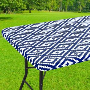 imageSmiry Rectangle Picnic Tablecloth Waterproof Elastic Fitted Table Covers for 6 Foot Tables Wipeable Flannel Backed Vinyl Tablecloths for Camping Indoor Outdoor Blue Leaves 30x72 InchesNavy