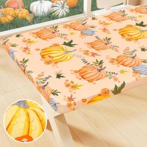 imageSmiry Rectangle Picnic Tablecloth Waterproof Elastic Fitted Table Covers for 6 Foot Tables Wipeable Flannel Backed Vinyl Tablecloths for Camping Indoor Outdoor Blue Leaves 30x72 InchesOrange