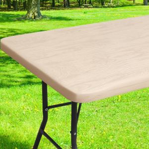 imageSmiry Rectangle Picnic Tablecloth Waterproof Elastic Fitted Table Covers for 6 Foot Tables Wipeable Flannel Backed Vinyl Tablecloths for Camping Indoor Outdoor Beige 30x72 Inches