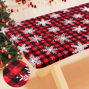 imageSmiry Rectangle Picnic Tablecloth Waterproof Elastic Fitted Table Covers for 6 Foot Tables Wipeable Flannel Backed Vinyl Tablecloths for Camping Indoor Outdoor Blue Leaves 30x72 InchesBlack  Red