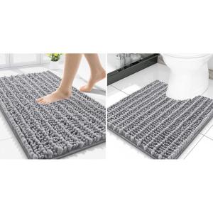 imageSmiry Bathroom Rugs Mat Set 2 Piece 24X16UShaped 20x20 Extra Soft Absorbent Non Slip Rubber Backing Machine Washable Quick Dry Chenille Bath Rug Set for Tub Shower and FloorGrey